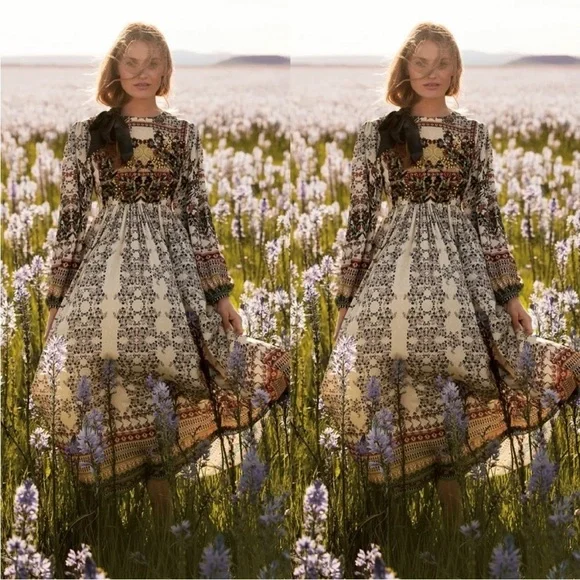 Anthropologie BHANUNI Far Fields Field flowers floral beaded dress puffy sleeves - Picture 3 of 15